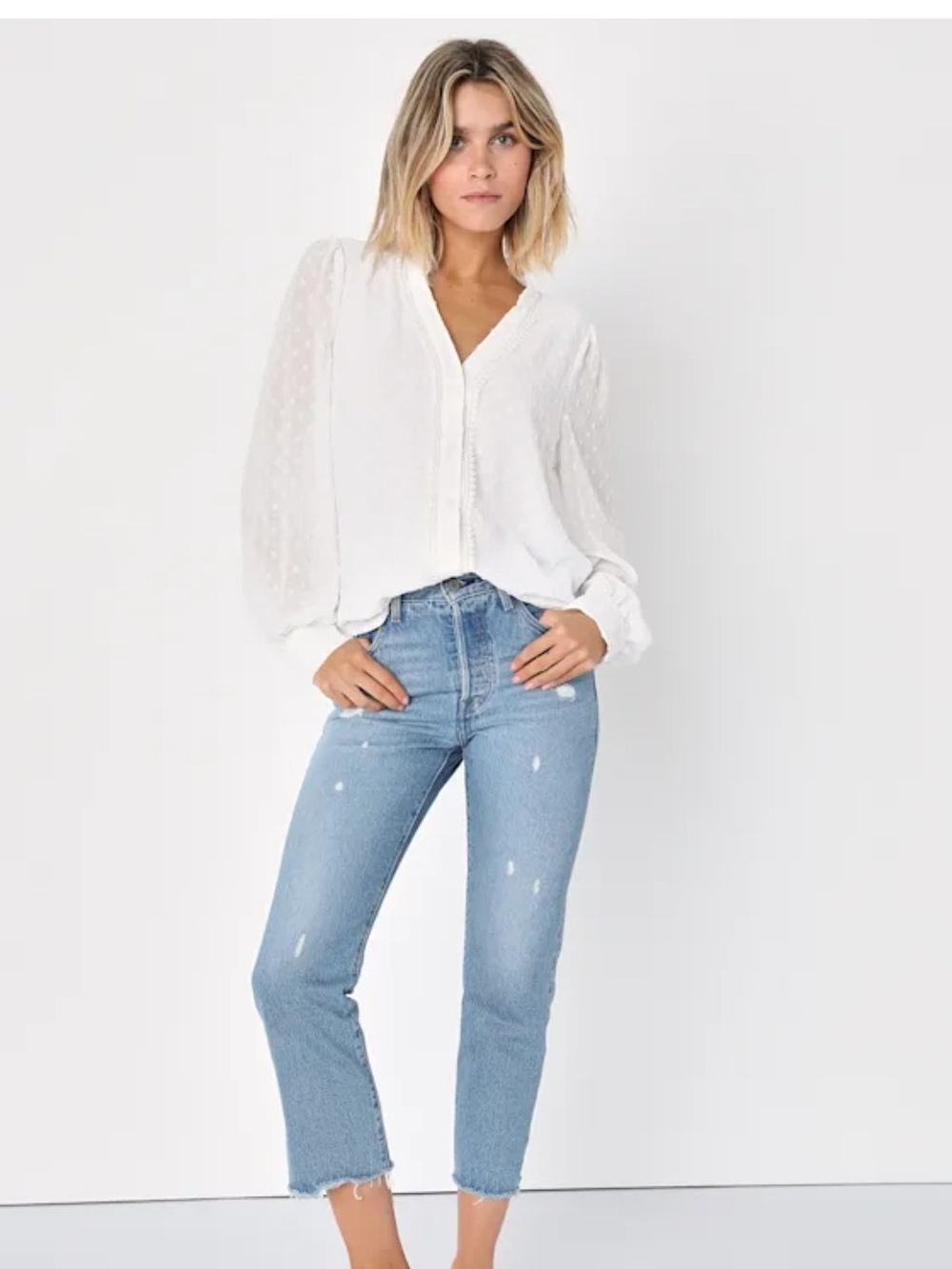 White Swiss Dot Ruffled V-Neck Button Down Blouse - Picture 2 of 7